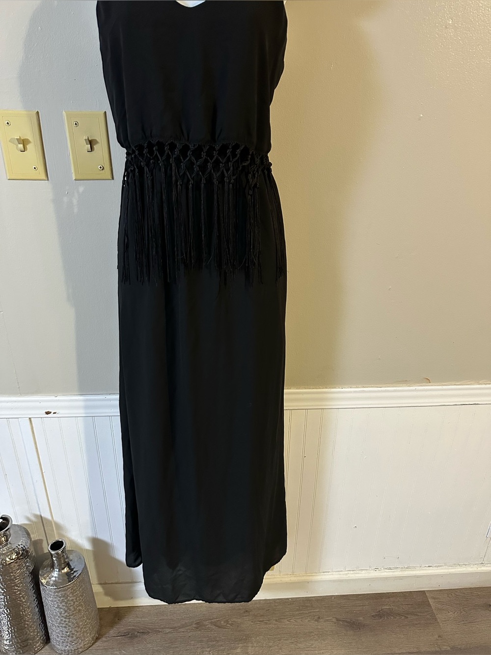 iris Black Fringe-Waist Maxi Dress